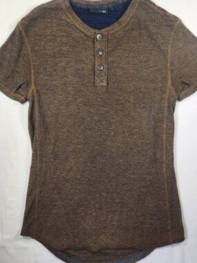 Kolby Mens Brown Marled Textured Short Sleeve Henley Shirt Curved Hem Small